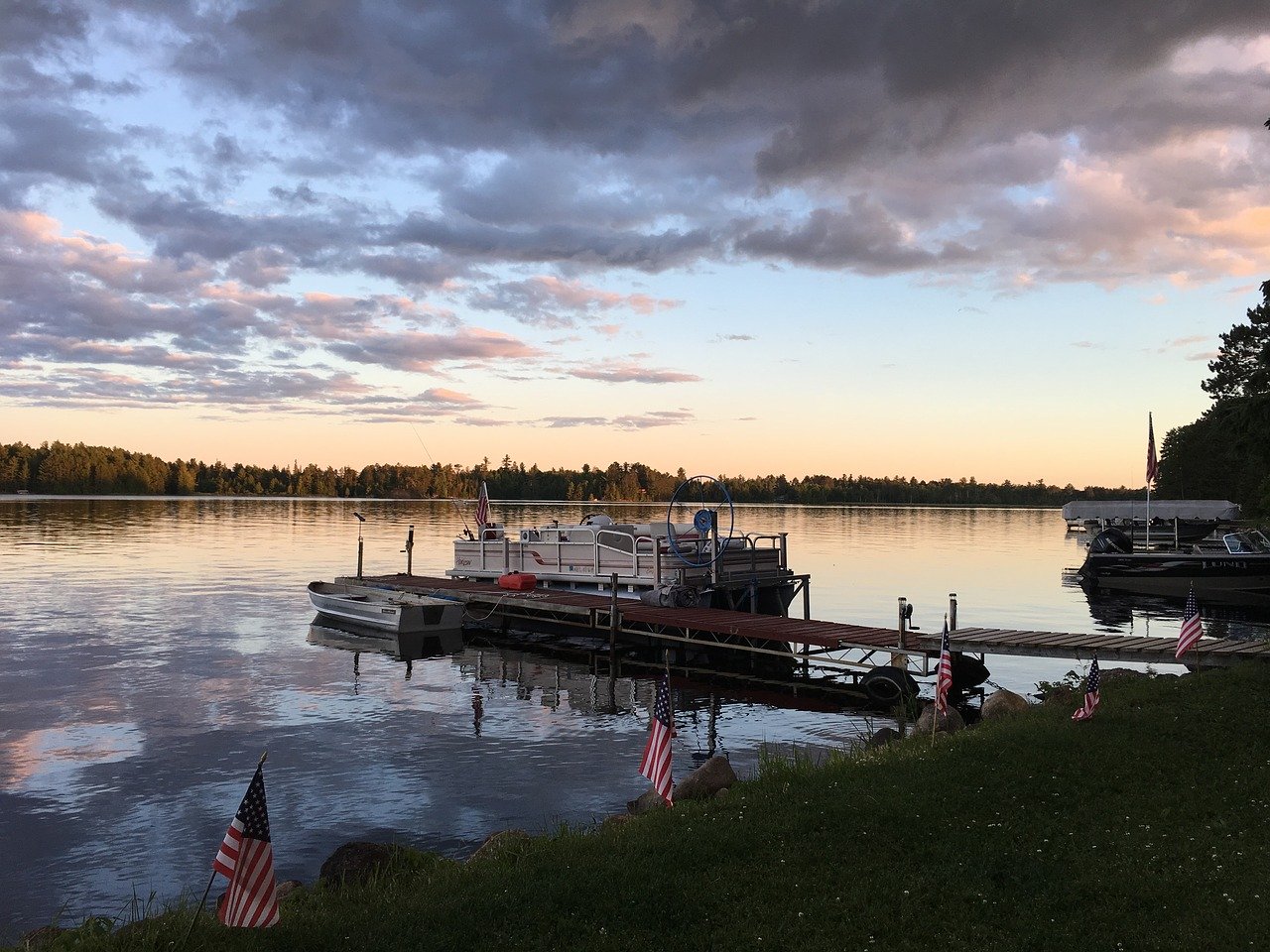 sunset, pontoon boat, dock